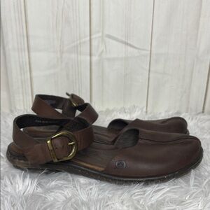 Born Dark Brown Leather Sandals with Gold Buckle